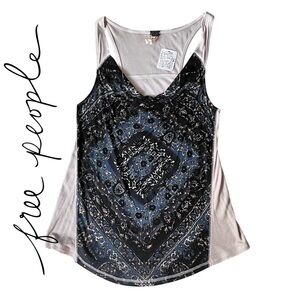NWT Free People Cowl Neck Tank in Ivory and Black Batik Print Women’s Size XS